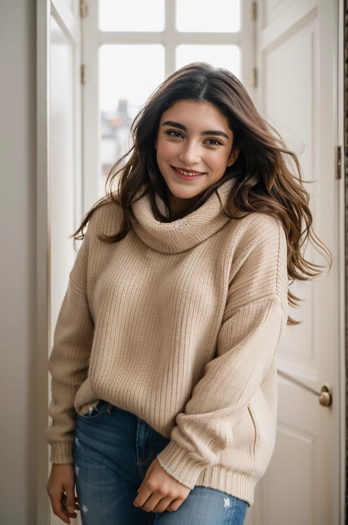 Photo brute de Daniboba,pull oversize marron, fond neutre, 8k euh, Reflex numérique, éclairage doux, haute qualité, grain de film, Fujifilm XT3, tres belle et souriante