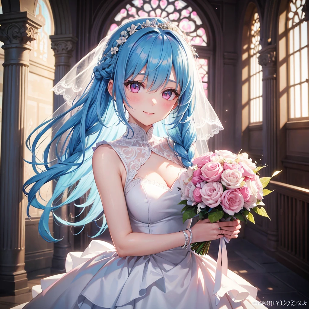 Sky Blue Medium Hair, (Braided Hair),(Pink Eyes),Fair skin ,(whole body),(1 girl),bride,smile、Straight bangs, 6月のbride,Wedding dress,(masterpiece, Highest quality, Very detailed, Best Shadow), (Detailed Background), (Beautifully detailed face), High Contrast, (Best lighting, Very delicate and beautiful), ((Cinematic Light)), colorful, Hyper Detail, Dramatic Light, Intricate details,Wedding hall,