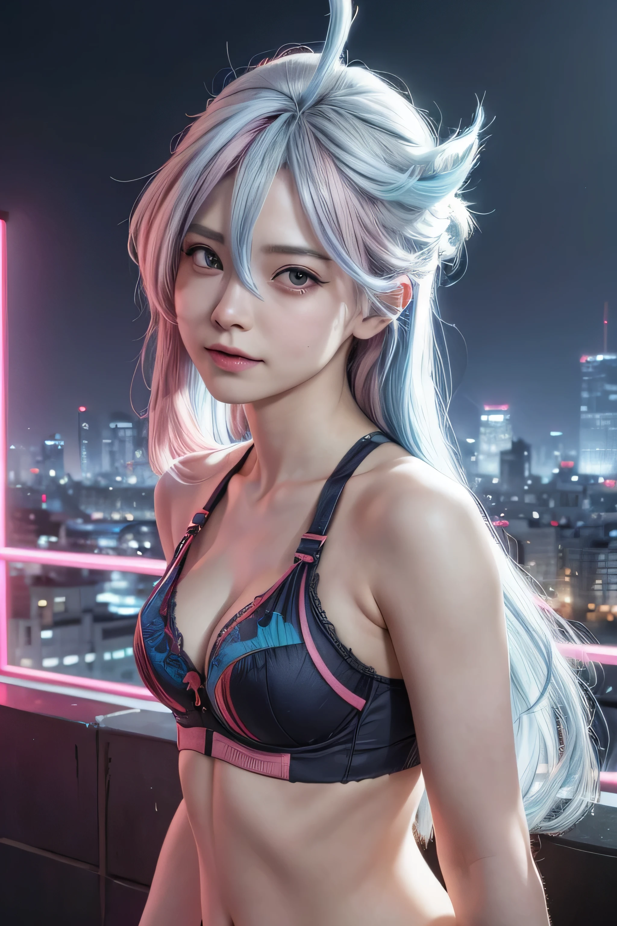 masterpiece, best quality, (realistic,photo-realistic:1.4), (RAW photo:1.2), extremely detailed CG unity 8k wallpaper, delicate and beautiful, amazing,finely detail, official art, absurdres, incredibly absurdres, huge filesize, ultra-detailed,extremely detailed eyes and face,light on face,miorine rembran,(little smile),(multicolored hair:1.4),(pink hair:1.4),(blue hair:1.4),(long hair:1.4),(wearing bra:1.4),(city background),(ahoge:1.5),cyberpunk