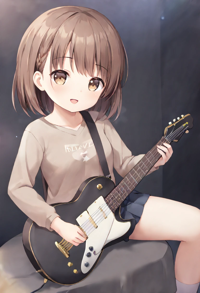 Woman with dark brown hair.Hazel eyes.She plays the guitar 