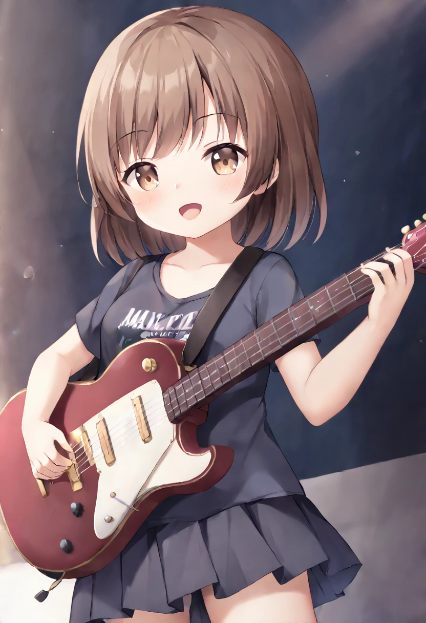 Woman with dark brown hair.Hazel eyes.She plays the guitar