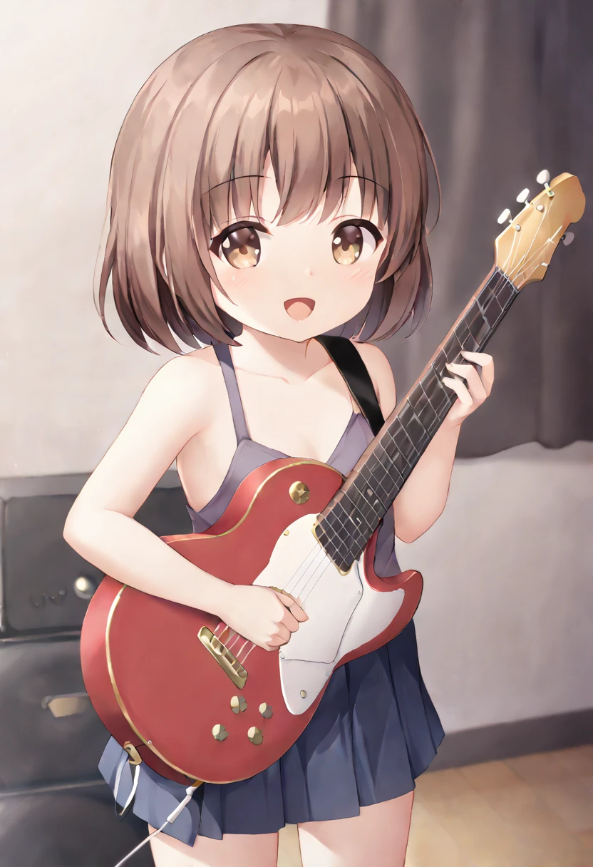 Woman with dark brown hair.Hazel eyes.She plays the guitar