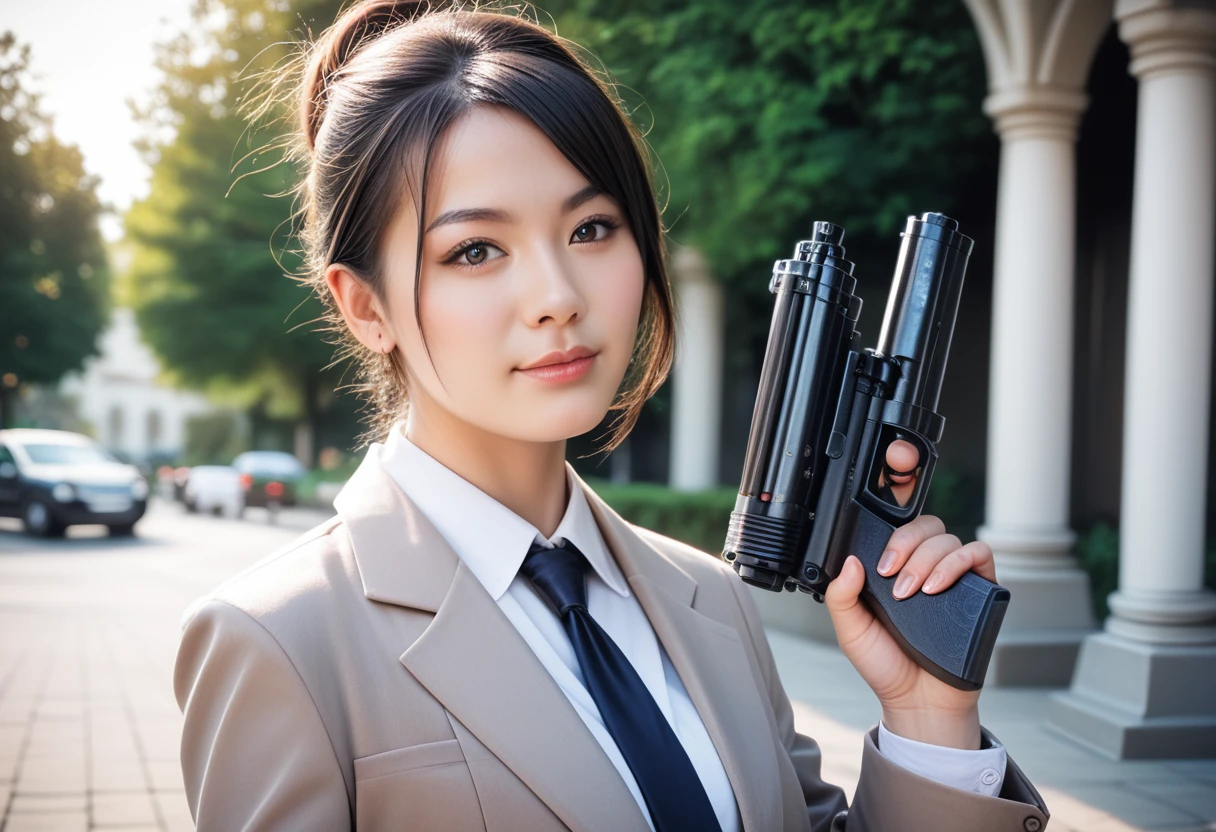 8k, raw photo, best quality, masterpiece, realistic, photo realistic, clear, professional lighting, beautiful face, best quality,ultra high res, realistic japanese beautiful, Super detailed, 1girl, clothed, outdoor, holding weapon, gun