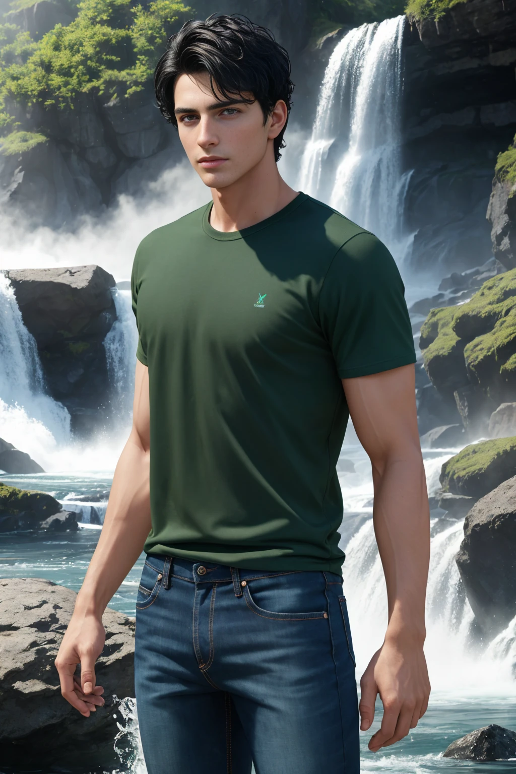 Masterpiece, A boy has short black hair and green eyes, 1boy, AS-Adult, short-haired, black hair, amazing physicality, shirt and jeans, green eyes, wavy-hair, totally-clean-shave symmetrical face. Symmetrical, smooth, clean shave focus, illustration, realistic, artstation, award winning photography, octane render, cinematic lighting from the right, hyper realism, octane render, 8k, depth of field, 3D, backgound mountains and waterfalls