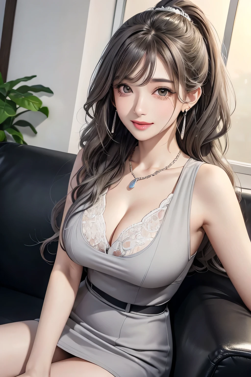 high quality、(1 front photo), Beautiful Face, Highly detailed face and skin texture, (Beautiful Eyes), Brown eyes, double eyelid, Thin eyebrows, Glitter Eyeliner: 1.2, Natural Cheeks, Glowing Skin, White skin: 1.2, Shiny necklace and earrings, (Glossy Lips: 1. 4), (Captivating smile), (20-year-old), (High Ponytail, Wavy Hair, Gray Hair, Diagonal bangs), Medium Long Hair, big breasts of medium size, Firm breasts. indoor、Sitting on a luxurious sofa、Cute Woman、Underarm、Office Lady Charm、Waist up shot、From below、