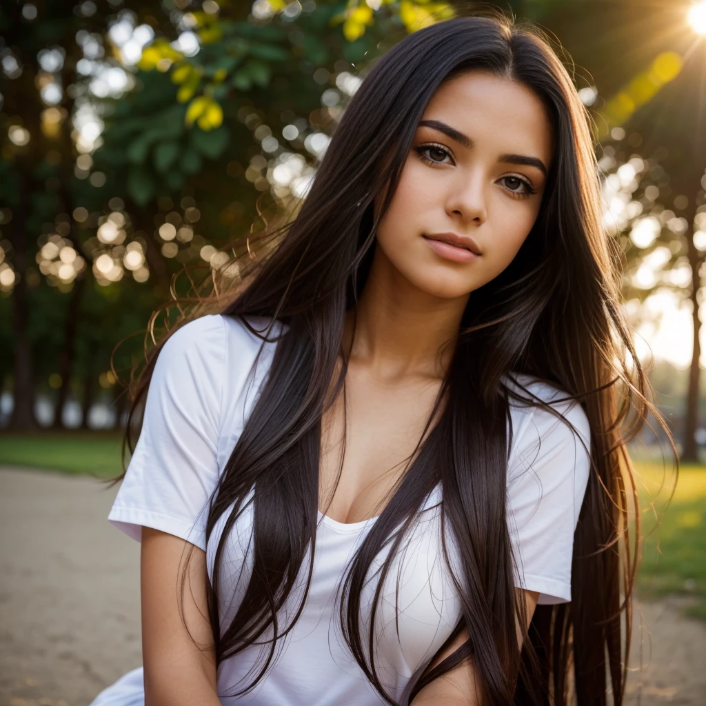 A photorealistic portrait of a 21-year-old colombian girl with long, flowing dark hair and striking dark eyes. She should have a natural, approachable expression and be illuminated by soft, golden-hour sunlight. The background should be a scenic outdoor setting, perhaps a sunlit park or beach. Capture this image with a high-resolution photograph using an 85mm lens for a flattering perspective.
