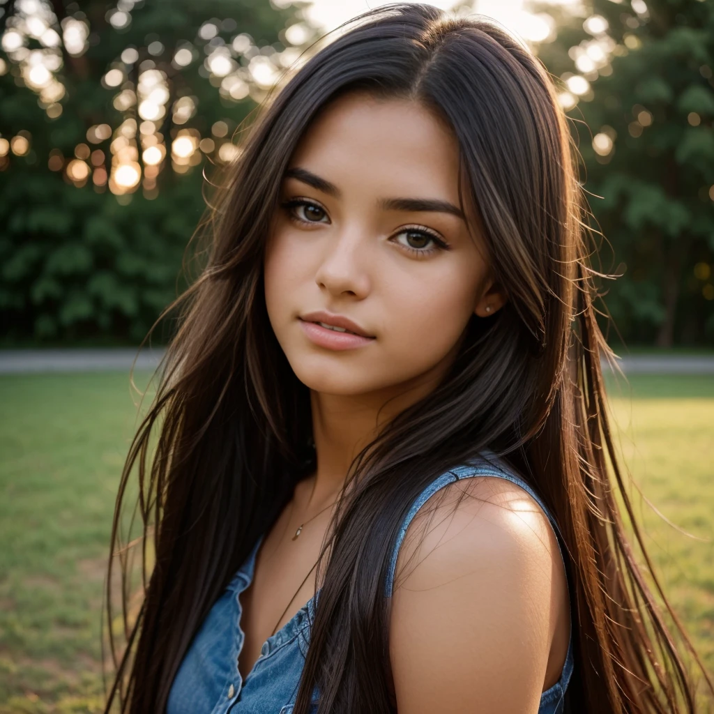 A photorealistic portrait of a 21-year-old colombian girl with long, flowing dark hair and striking dark eyes. She should have a natural, approachable expression and be illuminated by soft, golden-hour sunlight. The background should be a scenic outdoor setting, perhaps a sunlit park or beach. Capture this image with a high-resolution photograph using an 85mm lens for a flattering perspective.
