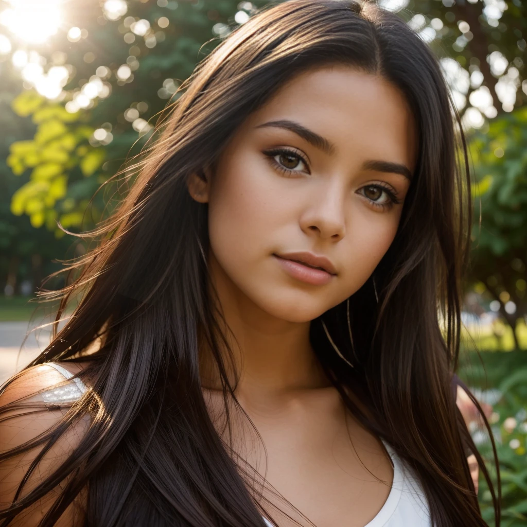 A photorealistic portrait of a 21-year-old colombian girl with long, flowing dark hair and striking dark eyes. She should have a natural, approachable expression and be illuminated by soft, golden-hour sunlight. The background should be a scenic outdoor setting, perhaps a sunlit park or beach. Capture this image with a high-resolution photograph using an 85mm lens for a flattering perspective.
