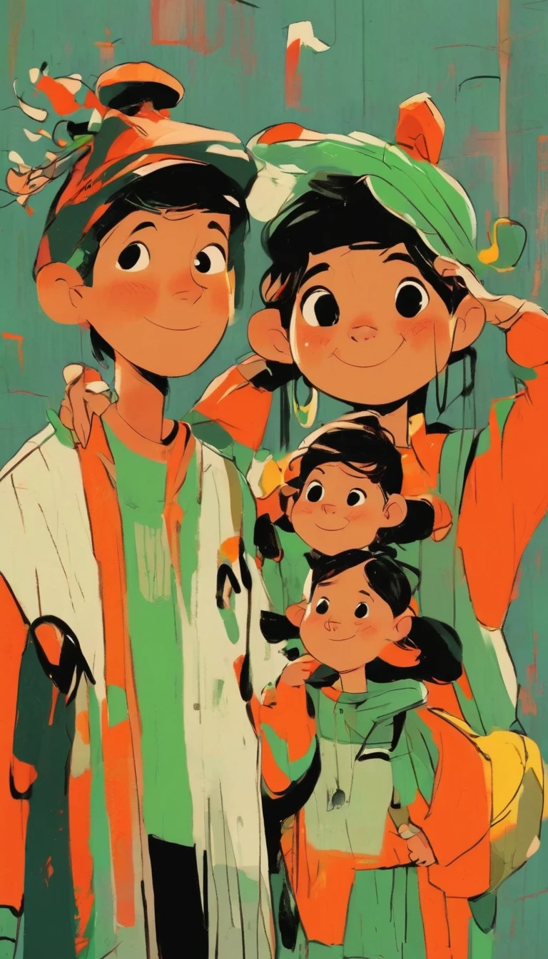 (((Exaggerated digital character sketches:1.37))).(Happy family),(black速写线条,Loose brushstrokes create the outline,Cartoon Style. Bright colors and simplified lines, sketch)。green,orange color,red,black