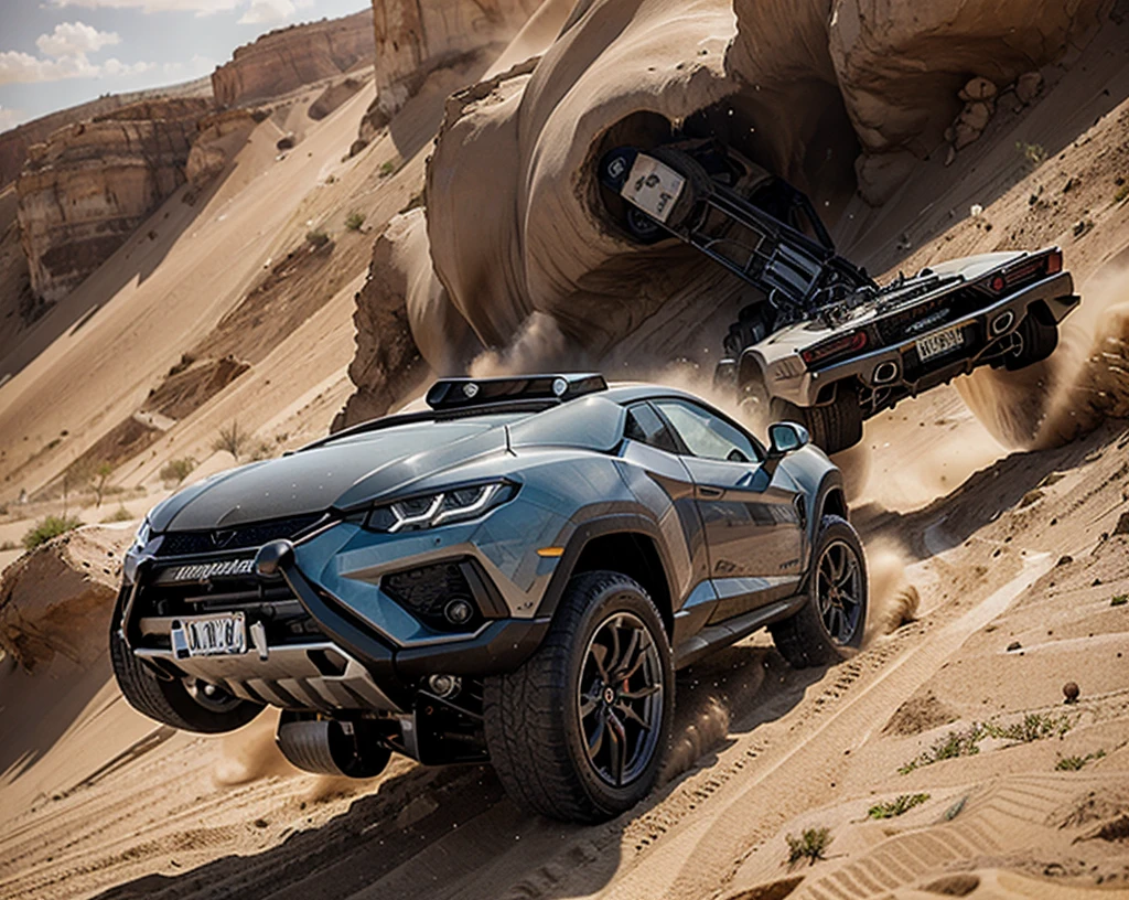 Generates an action scene in which a Lamborghini 4x4 races at high speed through a desert, raising clouds of dust and dodging dunes. As the Lamborghini moves forward, shows two cars colliding spectacularly on the horizon, with a large explosion of dust and debris. The Lamborghini remains in the foreground, while the impact behind generates a cloud of sand and flying fragments, in an arid and dramatic landscape.