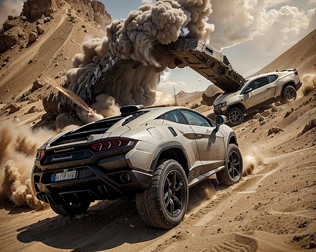 Generates an action scene in which a Lamborghini 4x4 races at high speed through a desert, raising clouds of dust and dodging dunes. As the Lamborghini moves forward, shows two cars colliding spectacularly on the horizon, with a large explosion of dust and debris. The Lamborghini remains in the foreground, while the impact behind generates a cloud of sand and flying fragments, in an arid and dramatic landscape.