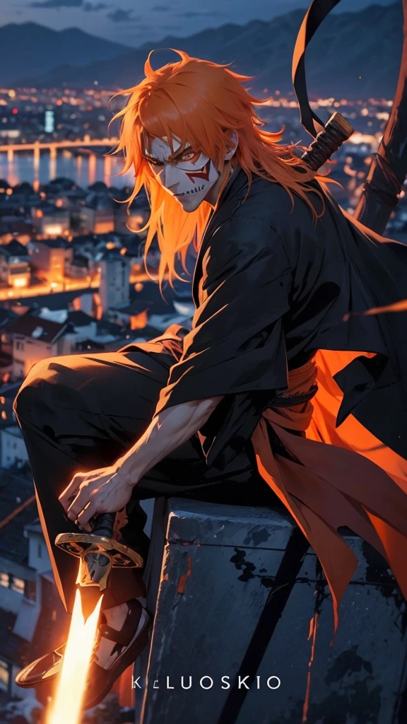 a man in the story series "belach" has dry orange hair, wears a skull mask with the name "kurosaki ichigo" wears a black kimono with UHD, 5D ANIME photo resolution quality.