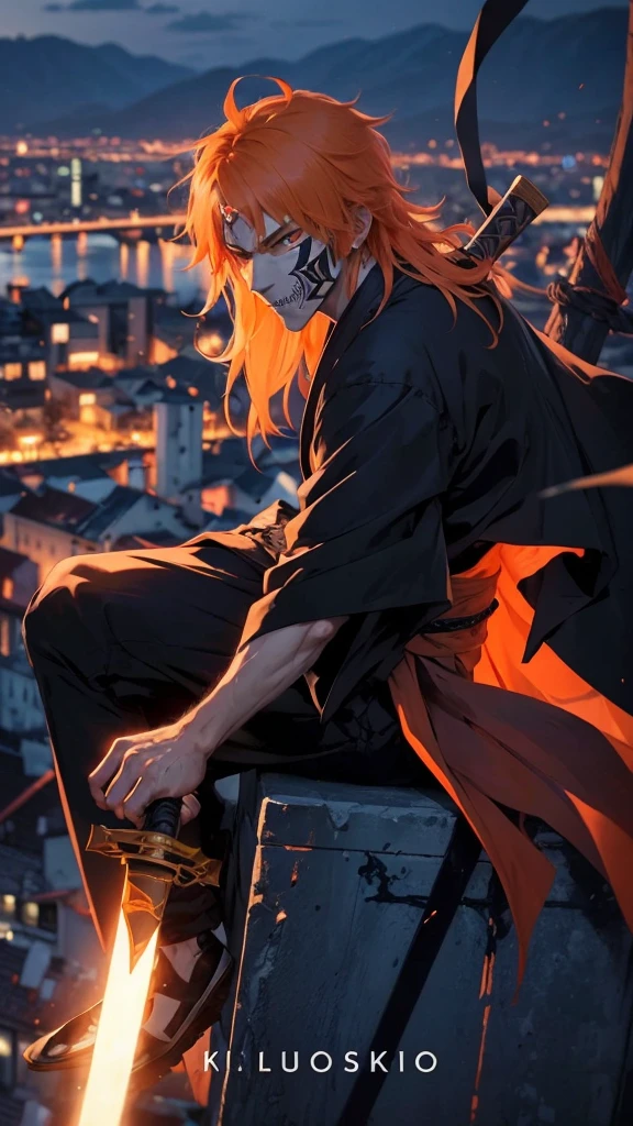 a man in the story series "belach" has dry orange hair, wears a skull mask with the name "kurosaki ichigo" wears a black kimono with UHD, 5D ANIME photo resolution quality.