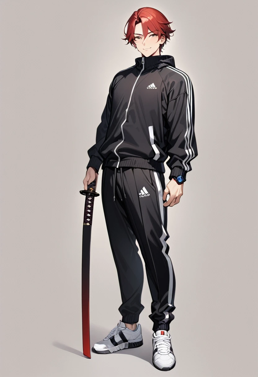 masterpiece, high quality,1 men, full body, standing, he is passionate man, smiling, red hair, ((simple background)), ((black Tracksuit)), ((katana)), Sanpaku eyes