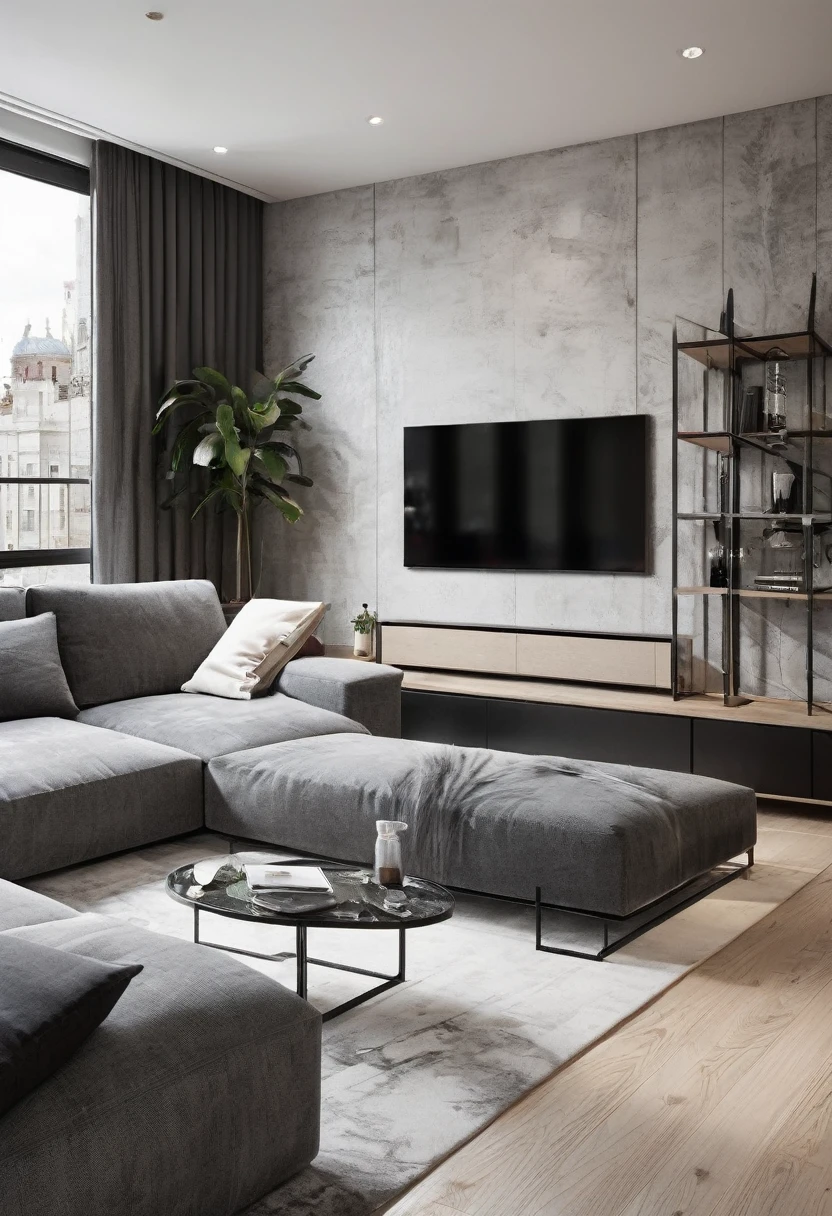 Stylish and modern apartment interior, with large corner sofa, on the wall facing the sofa, 1 Large Samsung TV Wall Screen Frame Art - It's the Important Element of the Picture - Beautiful Night Light, beautiful majestic plants, black andwhite, Interior designer research style pencil drawing