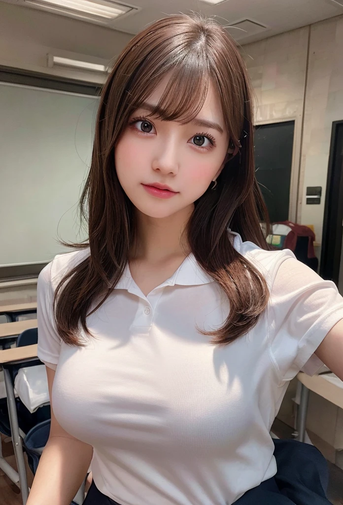 (Zoom aside),Armpit pose,Big Breasts,Highest quality, masterpiece,8k, Ultra-high resolution, (Realistic: 1.4), RAW Photos, Dynamic pose,Brown Hair,((uniform)),young,1 girl, Glowing Skin, classroom, Dramatic lighting, whole body, high school girl,(underwear)