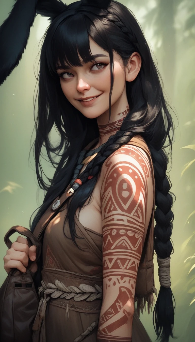 punctuation_9, female, huge black rabbit ears, floppy bunny ears, skin black, Bblack hair, pretty long hair, braided hair, tribal clothing, tribal tattoos, Bag clothes, wide smile, eyes black, adjusting, belly sample, neckleace, close up, looking ahead at viewer, black fluffy ears, forst, bangs straight