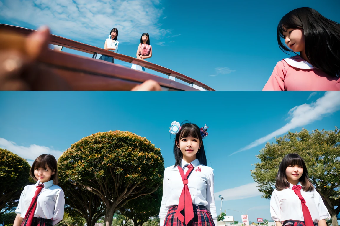 Very detailed super high quality super high quality Surreal photograph 3 Japanese girls (Each girl's hairstyle is randomly different、A different face:1.3) Smile Fair skin ((Half-open lips:1.3)) Beautiful and soft skin ((Beautifully styled straight short hair)) Beautiful and perfect body very cute A beautiful and clear-skinned young man々New Skins 16 years oldl girl wearing a sleeveless shirt) whole body Everyday City Busy city ((night)) Audience'perspective Front view (:1.3) (Cleavage) (Amazingly cute girl:1.3) (whole bodyポートレート)