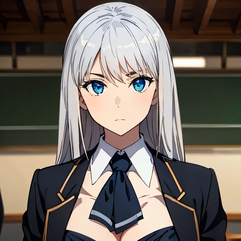 big tits,  1girl, at school, crowd people background, silver hair, blue eyes, emotionless, detailed face, view at camera, , nectie, school unifom, upperbody