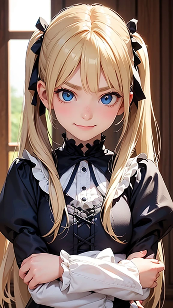 highest quality、Realistic、Women、zoom、cute、Blue eyes、blonde hair、Twin tails、Gothic Lolita、Glare、Get angry、Looking down、smile、Bust Shot、Arms crossed、14 yo