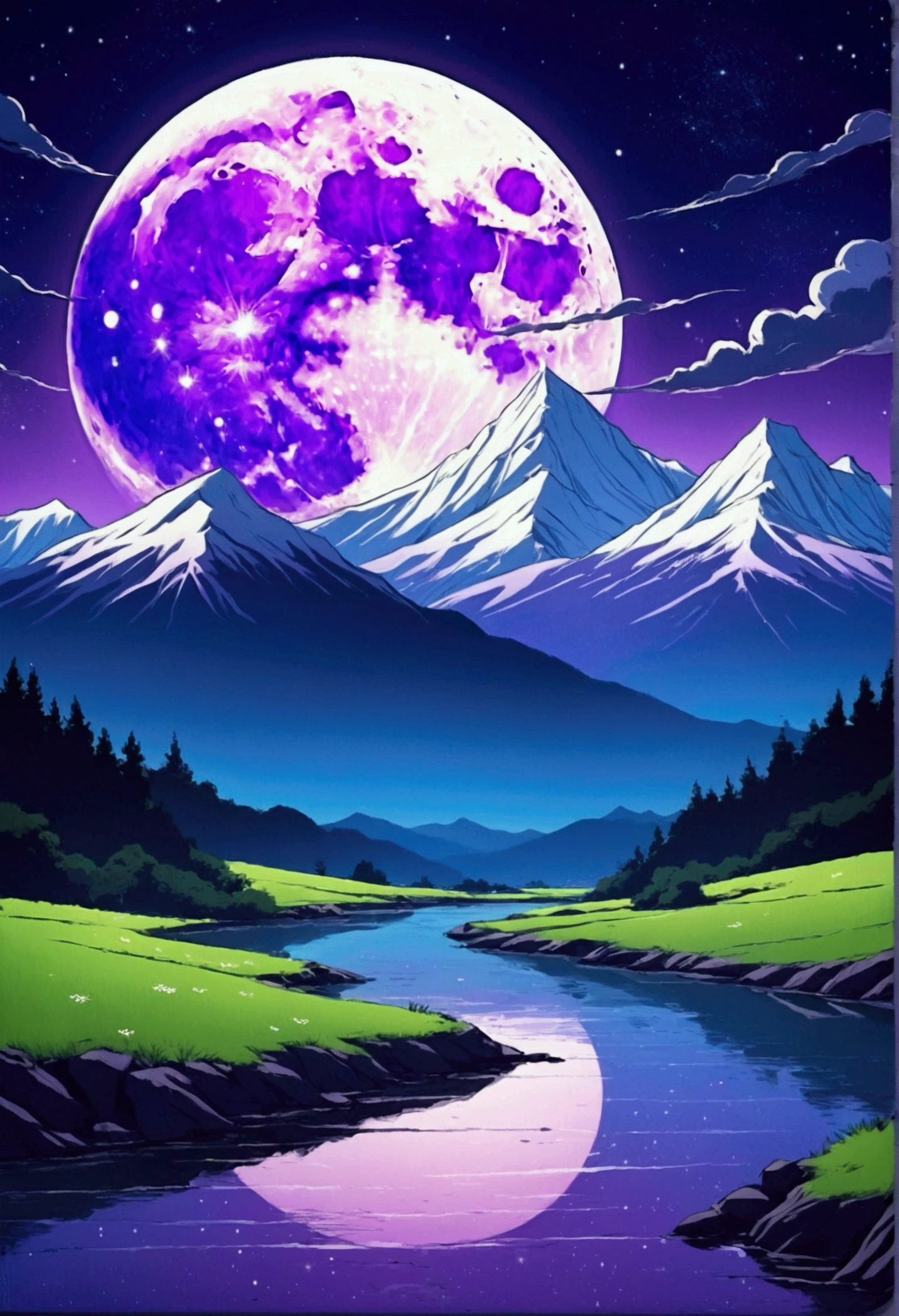 A beautiful landscape, beautiful mountains, a purple moon, beautiful sample space, anime style, Cartoon style, Sketchbook style