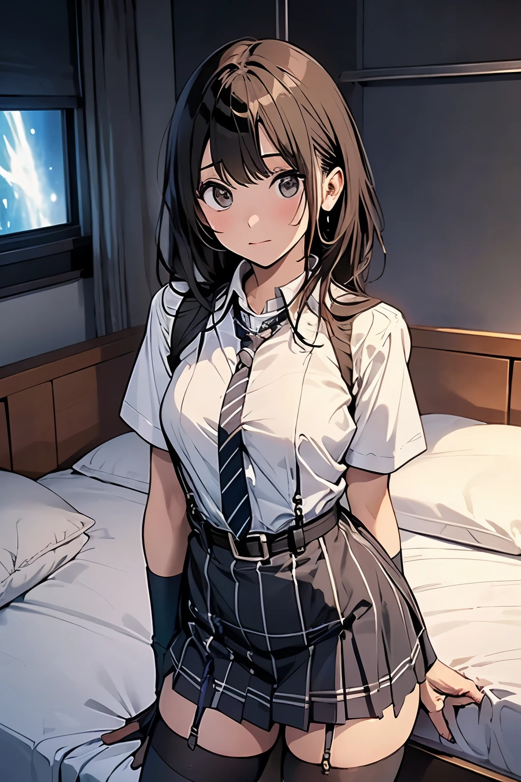1 female, , high quality, masterpiece, Ultra-high resolution, , Cinema Lighting, , , And the suspenders with the cranes flying Moderate breasts Large Breasts Small face holster Lying in bed Looking up Sweat belt summer 脇Sweat Black Hole Gloves suit garterbelt Leg Links ズボンにbelt holster Hands behind your back Anxious expression Looking up Anxious face Knee-high Knee socks Knee-highソックス garterbelt garter ふとももにgarterbelt Checkered mini skirt tie