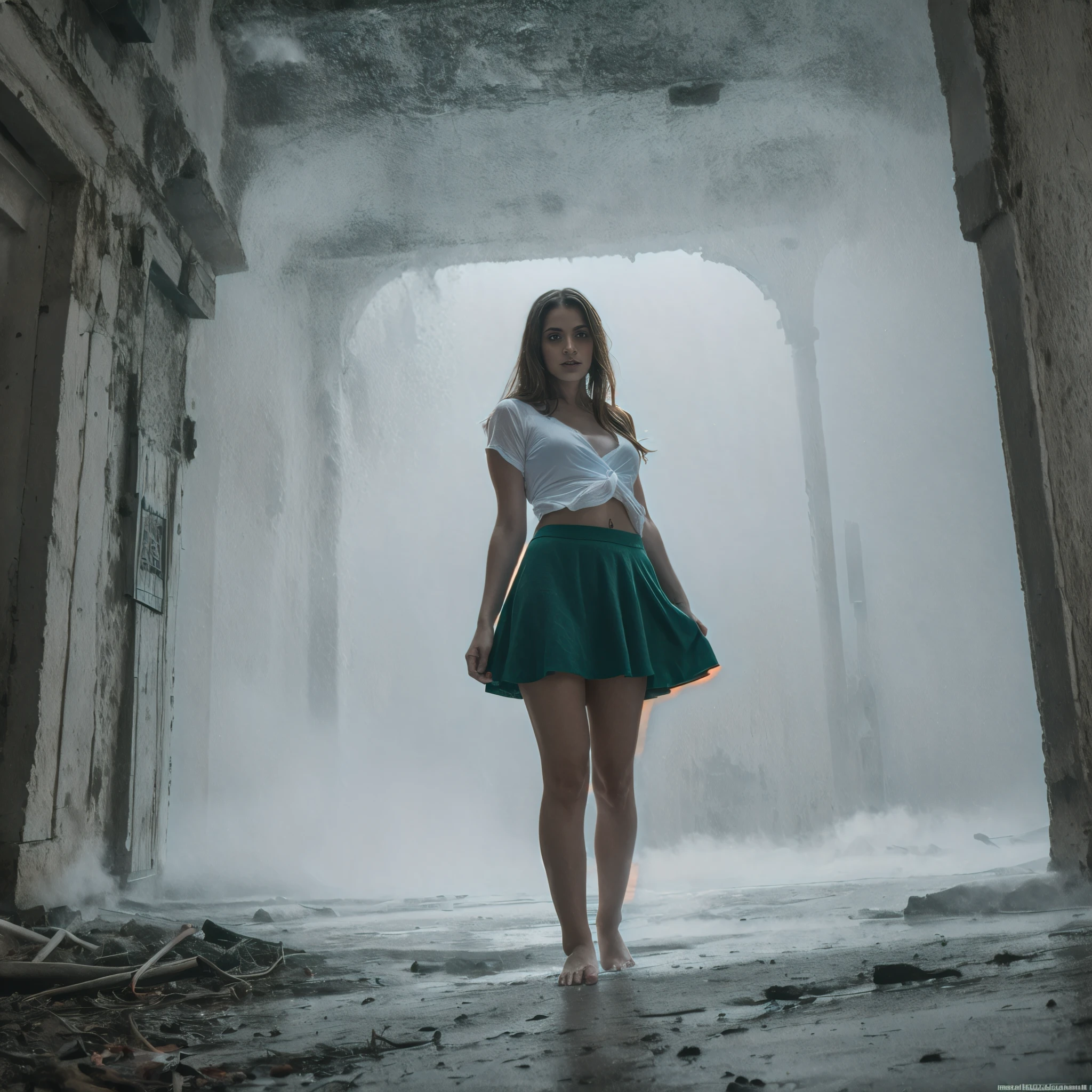 A highly detailed and hyper-realistic depiction of a princess in green skirt, in blue shirt, wearing white panties, Realistic hands. ((full body)), mybeauties, The perspective is from below. ((Full body, bare feet)). The character is surrounded by mist, evoking a mysterious and eerie atmosphere. The lighting is dark and atmospheric, with a red smoke adding a touch of sinister ambiance. The image is of the best quality, with a resolution of 4k and HDR enhancement, showcasing the utmost level of detail and realism, sfw, full body shot.