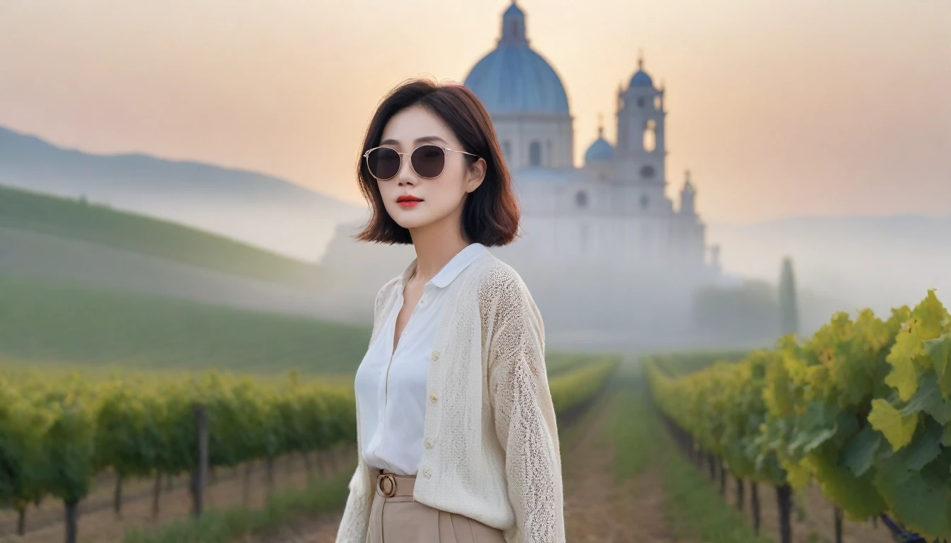 8k realistic, lifelike photo,, 36 year old Korean woman, Short in stature, pretty like a model. White shirt and short cardigan, casual pants, short medium hair, Smiley, Italy. vineyard, thick dawn fog. vineyard 멀리 짙은 안개 속으로 I can see the cathedral. 1 woman, Short in stature, Excellent picture quality, The morning fog is thick, The picture quality is alive. Looking up the side, Dior-inspired large sunglasses, sunrise red light, Wide angle lens full body shot, I can see the cathedral