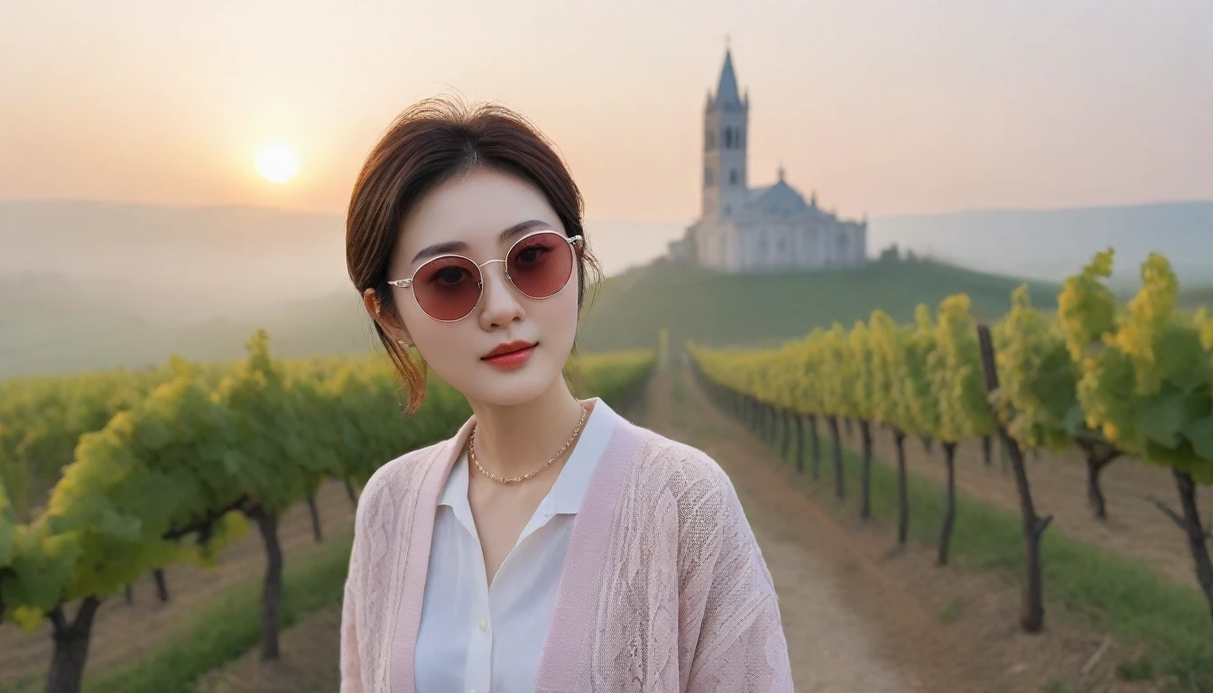 8k realistic, lifelike photo,, 36 year old Korean woman, Short in stature, pretty like a model. White shirt and short cardigan, casual pants, short medium hair, Smiley, Italy. vineyard, thick dawn fog. vineyard 멀리 짙은 안개 속으로 I can see the cathedral. 1 woman, Short in stature, Excellent picture quality, The morning fog is thick, The picture quality is alive. Looking up the side, Dior-inspired large sunglasses, sunrise red light, Wide angle lens full body shot, I can see the cathedral