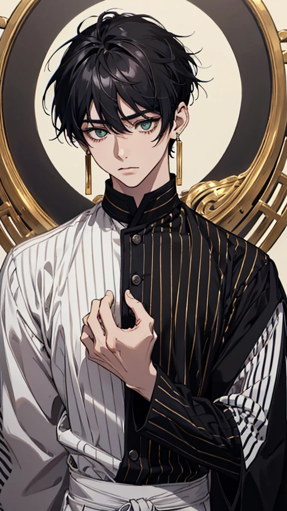 japanese, Man, young man, black hair, dark circles under the eyes, dark circles under the eyes, narrow eyes, green eyes, black and white striped shirt, gold earrings, thin body, short bangs, shaved sides, black ring on middle finger of right hand, upper body