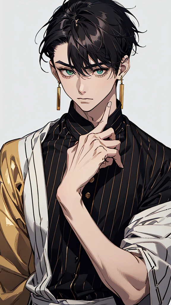 japanese, Man, young man, black hair, dark circles under the eyes, dark circles under the eyes, narrow eyes, green eyes, black and white striped shirt, gold earrings, thin body, short bangs, shaved sides, black ring on middle finger of right hand, upper body
