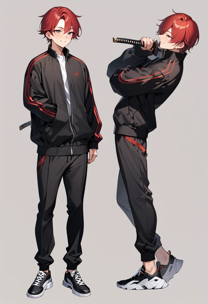 masterpiece, high quality,1 men, full body, standing, he is passionate man, smiling, red hair, ((simple background)), ((black Tracksuit)), ((katana)), Sanpaku eyes, 23 years old men