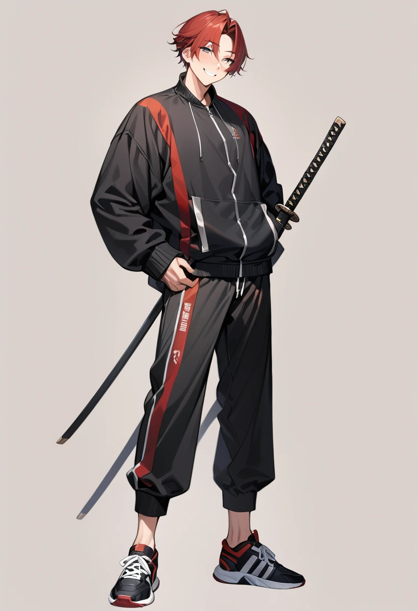 masterpiece, high quality,1 men, full body, standing, he is passionate man, smiling, red hair, ((simple background)), ((black Tracksuit)), ((katana)), Sanpaku eyes, 23 years old men