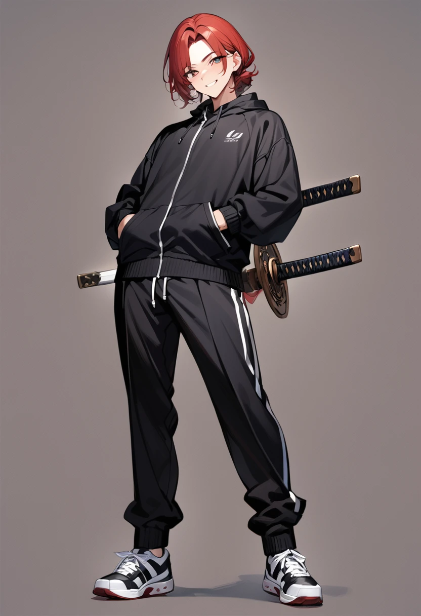 masterpiece, high quality,1 men, full body, standing, he is passionate man, smiling, red hair, ((simple background)), ((black Tracksuit)), ((katana)), Sanpaku eyes, 23 years old men