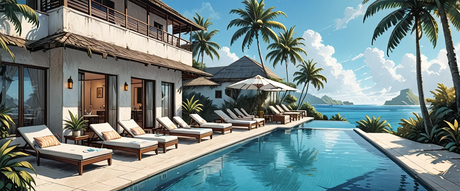 people, people relaxing by the pool, hotel staff,
white hotel, terrace,on the ocean, tropics, tropical island, swimming pool, palm trees, three floors, graphic style of novel comics, perfect hands, 2d, 8k, hyperrealism, masterpiece, high resolution, best quality, ultra-detailed, super realistic, Hyperrealistic art, high-quality, ultra high res, highest detailed, lot of details, Extremely high-resolution details, incredibly lifelike, colourful, soft cinematic light,