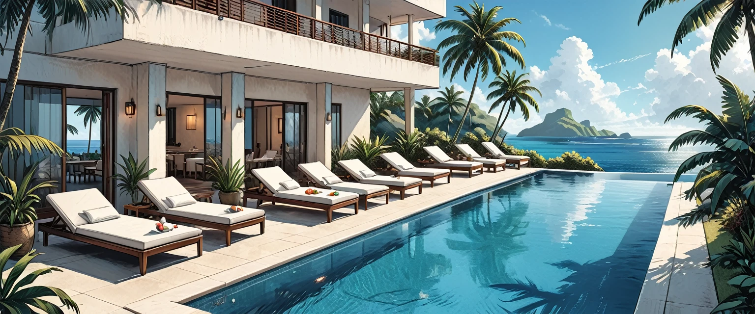 people, people relaxing by the pool, hotel staff,
white hotel, terrace,on the ocean, tropics, tropical island, swimming pool, palm trees, three floors, graphic style of novel comics, perfect hands, 2d, 8k, hyperrealism, masterpiece, high resolution, best quality, ultra-detailed, super realistic, Hyperrealistic art, high-quality, ultra high res, highest detailed, lot of details, Extremely high-resolution details, incredibly lifelike, colourful, soft cinematic light,