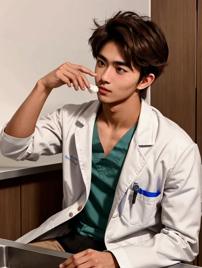 Medium shot,Medicine student,กอดอก ,2nd year , cool , hunk, 22 year old,tan skin,(messy brown hair),goat beard ,handsome , in university