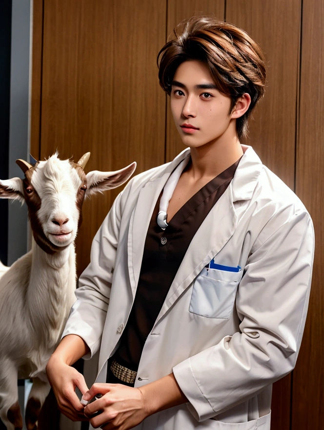 Medium shot,Medicine student,กอดอก ,2nd year , cool , hunk, 22 year old,tan skin,(messy brown hair),goat beard ,handsome , in university