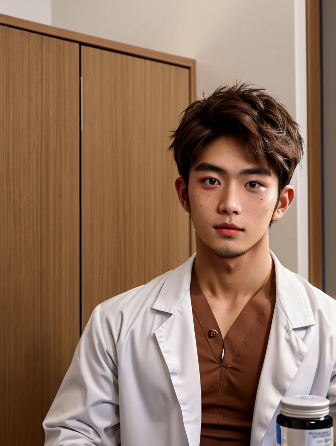 Medium shot,Medicine student,กอดอก ,2nd year , cool , hunk, 22 year old,tan skin,(messy brown hair),goat beard ,handsome , in university