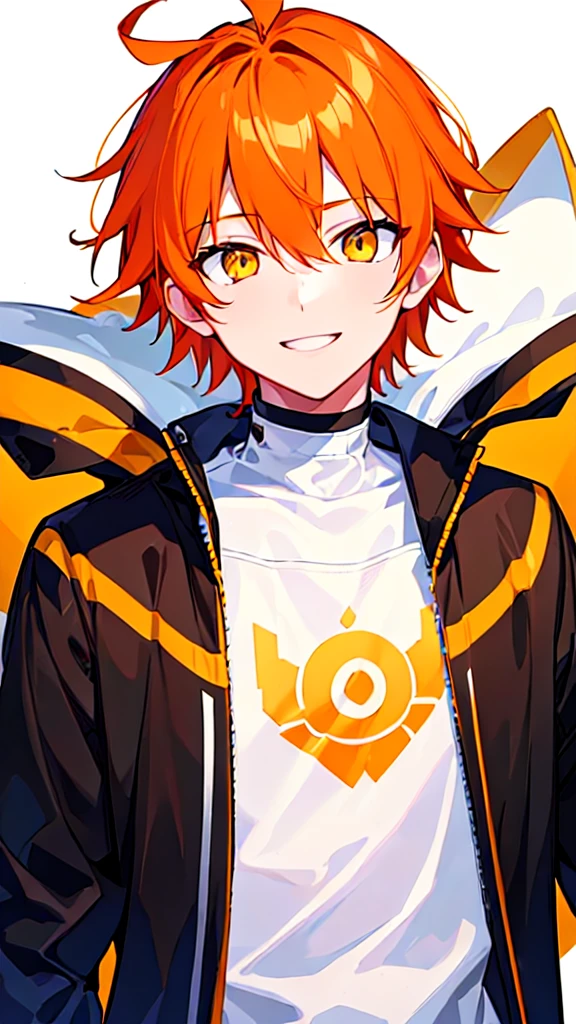 [(WHITE BACKGROUND:1.5),::5], ((((masterpiece)))), high quality, ultra very high resolution, full color, (((solo))), ((younger boy)), orange hair, (yellow eyes), anime, ((upper body)), Black parka, light smile,