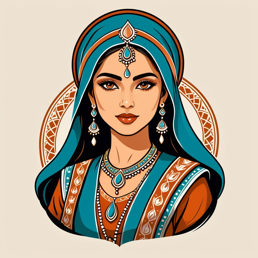 female mage in indian folk outfit, vector graphics, strong contours, logo design