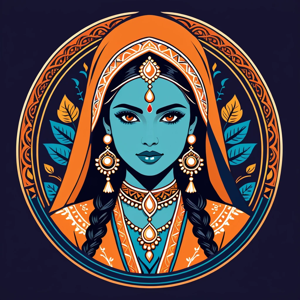 female mage in indian folk outfit, vector graphics, strong contours, logo design
