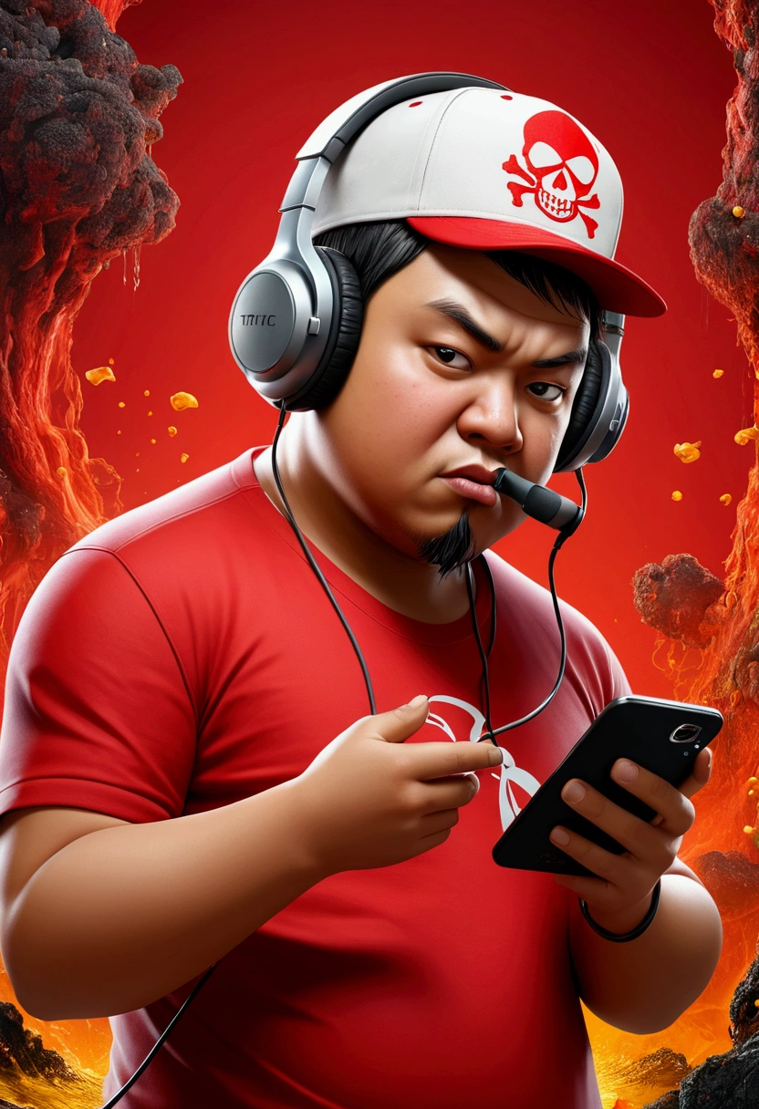 Realistic 4D miniatur graphic artist has crafted a stunning logo " TOXIC GAMING" and "BHLEGUCK". The image features a splash colour of young indonesian fat man clearface wearing red long tshirt and white hat, hold headphone and handphone in hand. This meticulously designed flat vector art showcases intricate details like rugged texture and dynamic composition, resulting in a visually captivating and professional piece that perfectly embodies theme of gritty survival and creativity.highly detailed,surrealistic,ultra hd 8k, conceptual art, illustration, 3d render, typographyLess