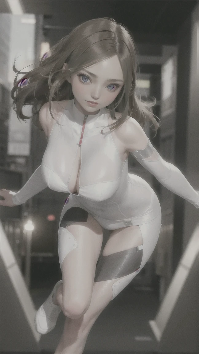 8K, Raw photo, highest quality, masterpiece, Full body, aerial view, cinematic lighting, Miranda May Kerr stands tall in a white Cyberpunk uniform full armor, a Very Long Shot, and her dark brown hair cascading down her shoulders. Her ultra-detailed face with beautiful features shines in the dimly lit cyberpunk setting. The sleek uniform accentuates her medium height and slender athletic figure. She wears it confidently, showcasing breasts beneath. Dynamic shooting poses to showcase her agility as she moves through the futuristic landscape.