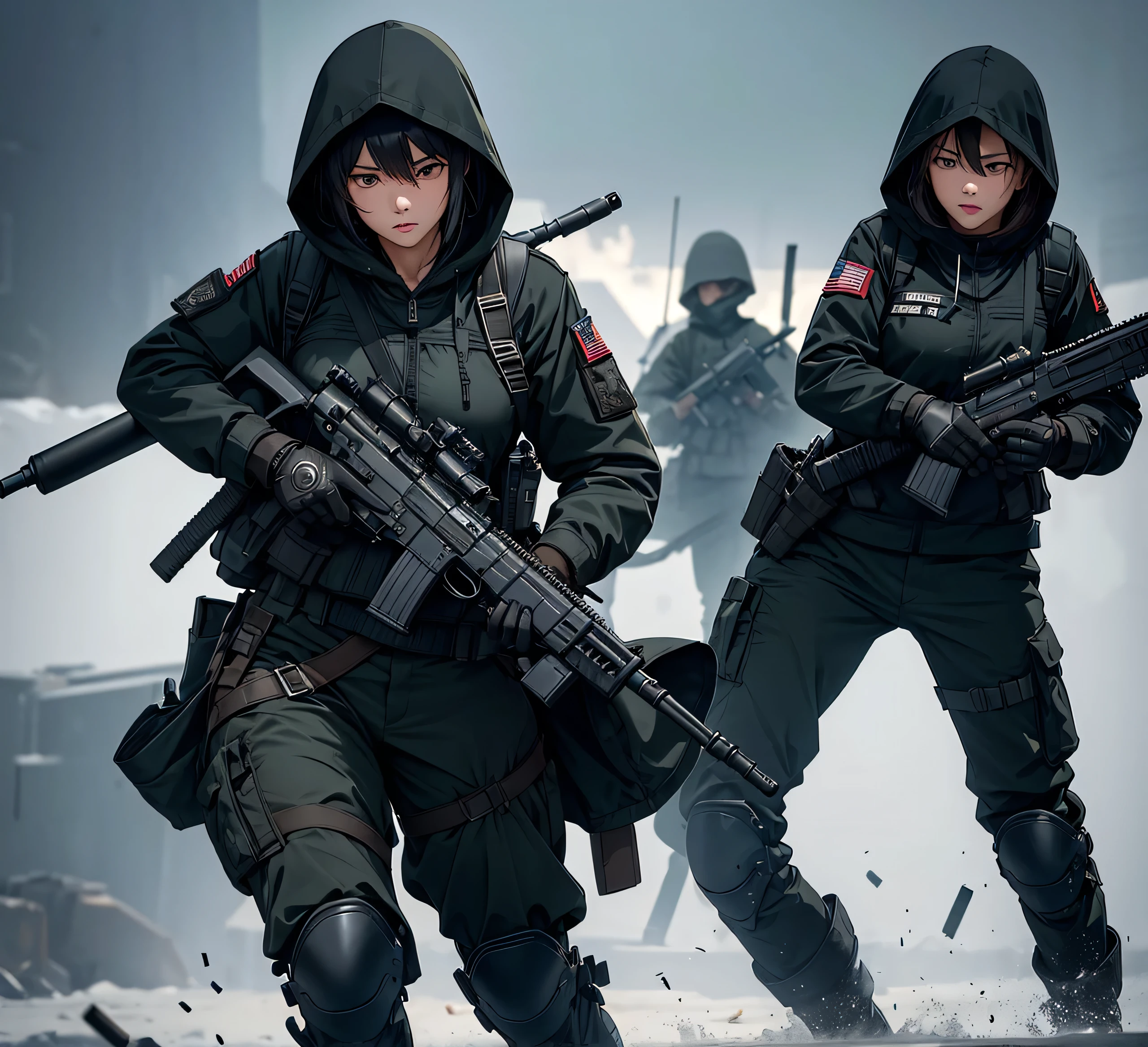 A group of female soldiers with guns fighting，All wear dark black M-51 hooded military uniforms、Hooded on head、Individual equipment set、Military Pants、Knee pads，Write details、masterpiece、best quality、Highly detailed CG、8K picture quality。
