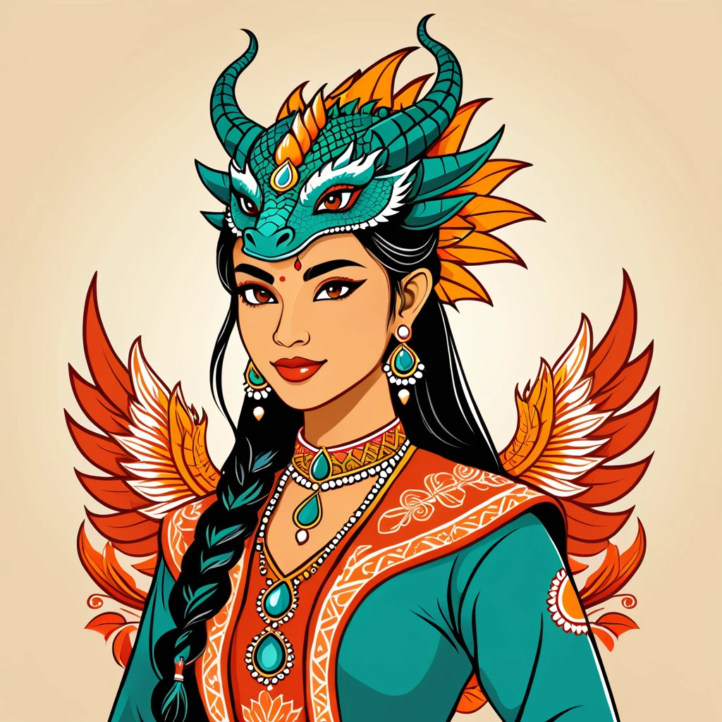 female dragon in indian folk outfit, vector graphics, strong contours, logo design