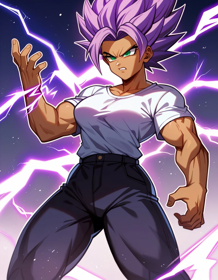 girl, alone, Saiyan, spiky purple hair, green eyes, slim thin waist, wide hips, dark skin, medium breasts, white t-shirt, black pants, super saiyan, lightning , purple lightning, purple lightning , energy , ki energy, purple energy, god of destruction, used energy to create a huge ball of energy with both hands attacking his opponent with his enormous energy