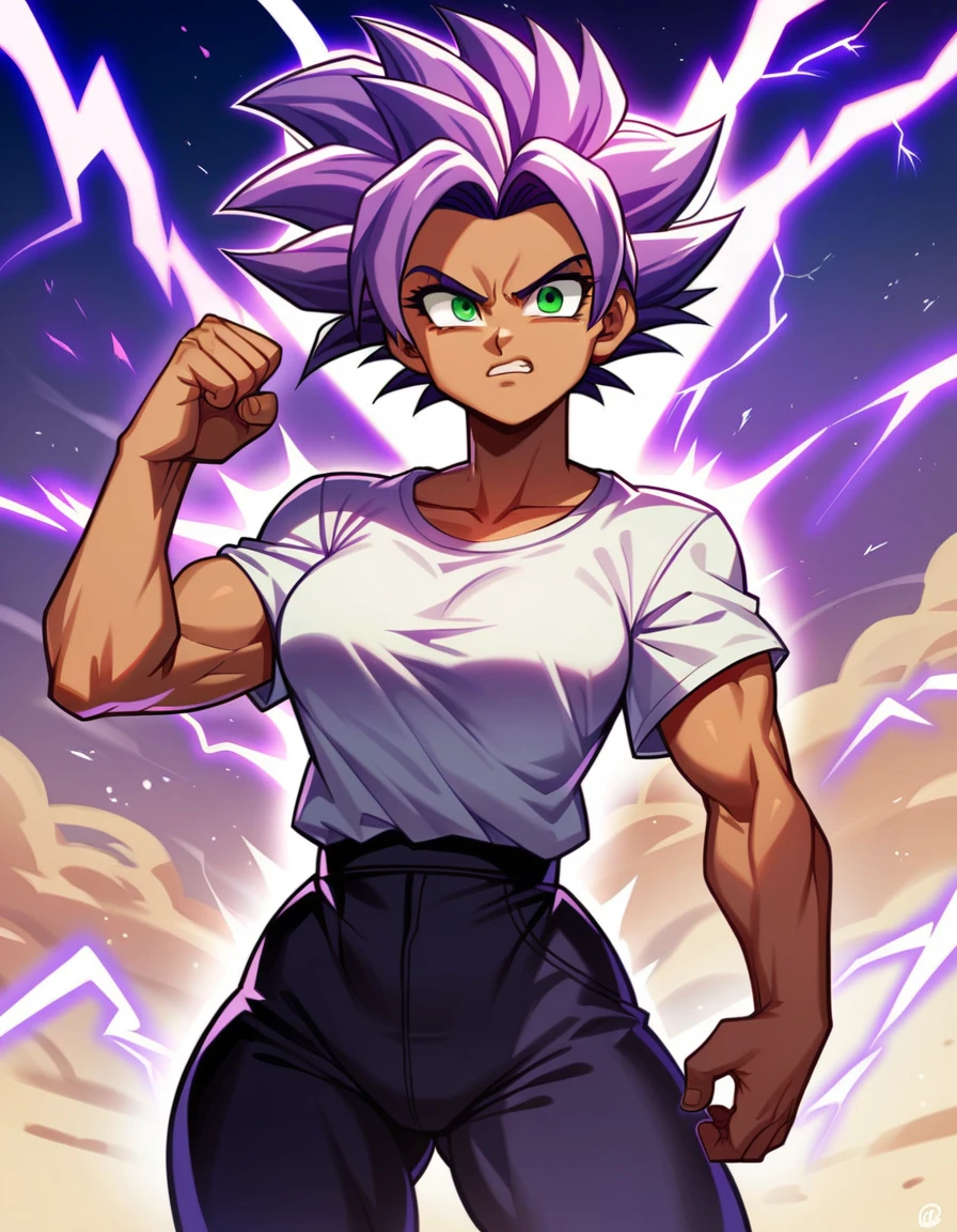 girl, alone, Saiyan, spiky purple hair, green eyes, slim thin waist, wide hips, dark skin, medium breasts, white t-shirt, black pants, super saiyan, lightning , purple lightning, purple lightning , energy , ki energy, purple energy, god of destruction, used energy to create a huge ball of energy with both hands attacking his opponent with his enormous energy
