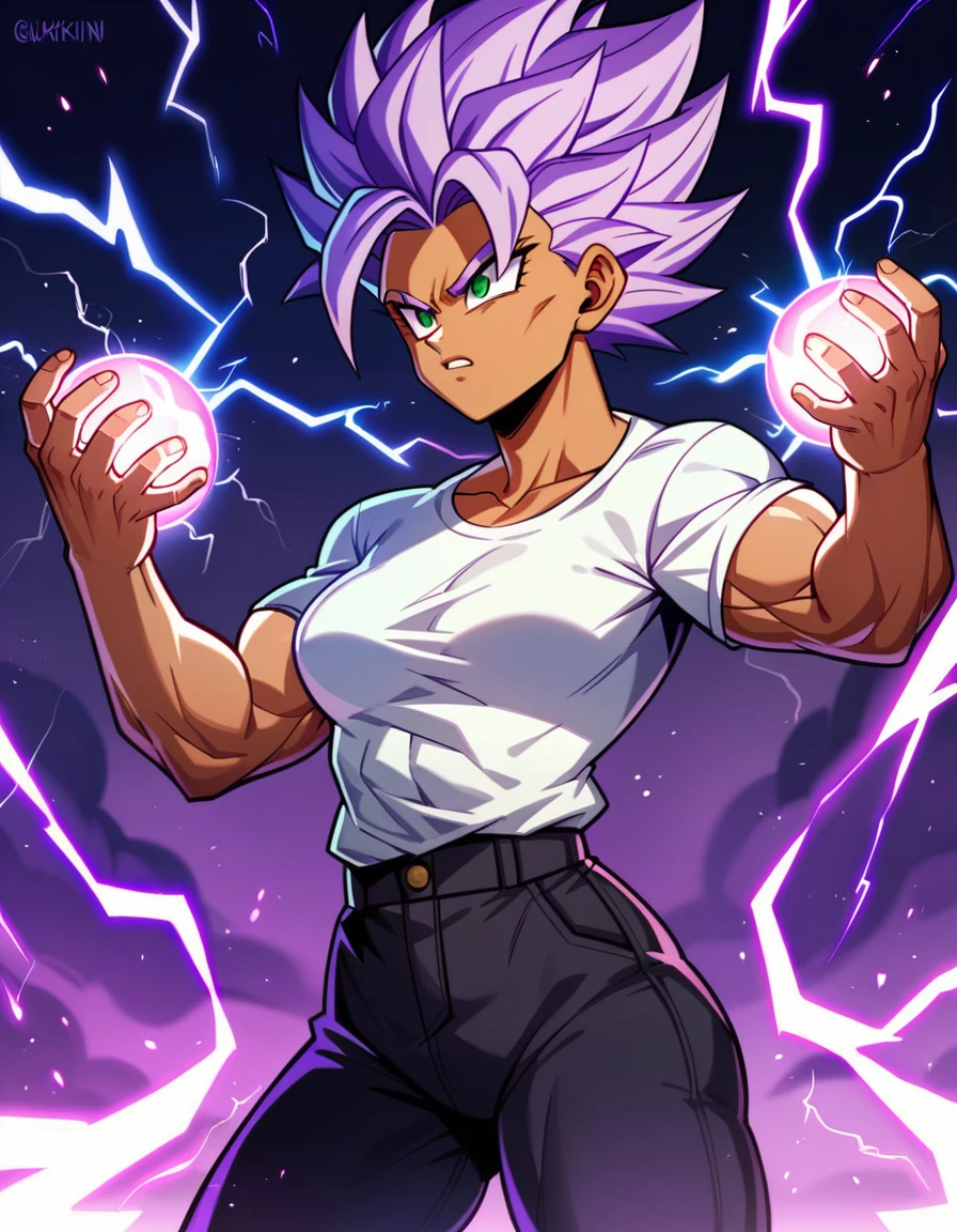 girl, alone, Saiyan, spiky purple hair, green eyes, slim thin waist, wide hips, dark skin, medium breasts, white t-shirt, black pants, super saiyan, lightning , purple lightning, purple lightning , energy , ki energy, purple energy, god of destruction, used energy to create a huge ball of energy with both hands attacking his opponent with his enormous energy
