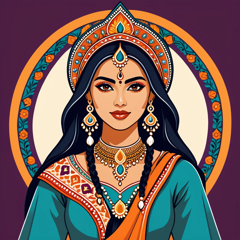 female enchanter in indian folk outfit, vector graphics, strong contours, logo design
